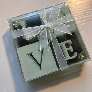 NIB “LOVE" Etched Glass Drink Coasters, Set of 4, New Modern